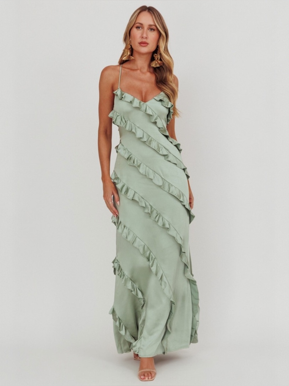 Sage Green Satin Ruffle Maxi Dress Large 8 New with Flaw